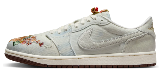 Air Jordan 1 Low Men's Sneakers – Light Grey/Cream/Brown – Floral Details